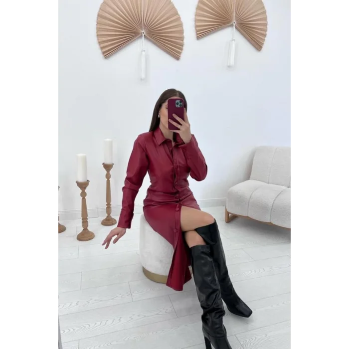 Kırmızı Boydan Düğmeli Deri Elbise