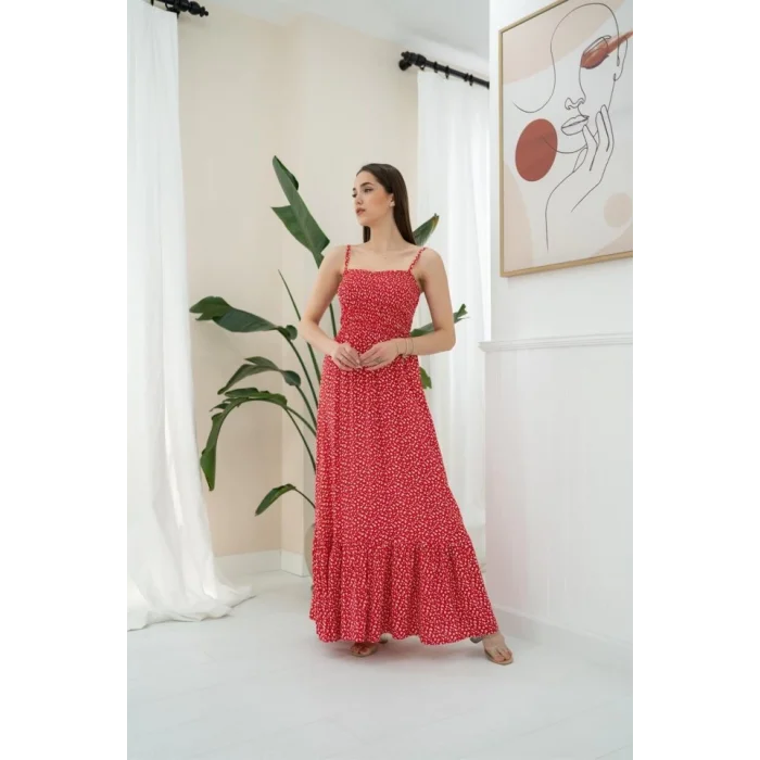 Kırmızı Eteği Fırfırlı Elbise
