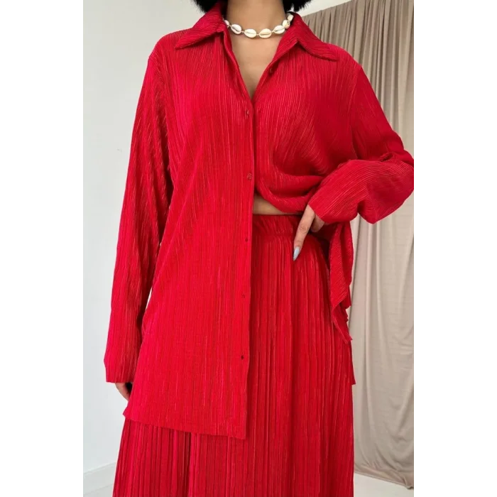 Kırmızı Fitilli Gömlek Ve Uzun Etek Takım