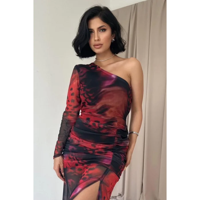 Kırmızı Tek Omuzlu Tül Elbise