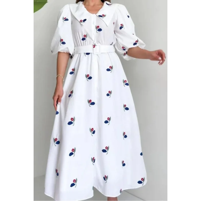 Kırmızı Yakası Çiçek Motifli Kemerli Elbise