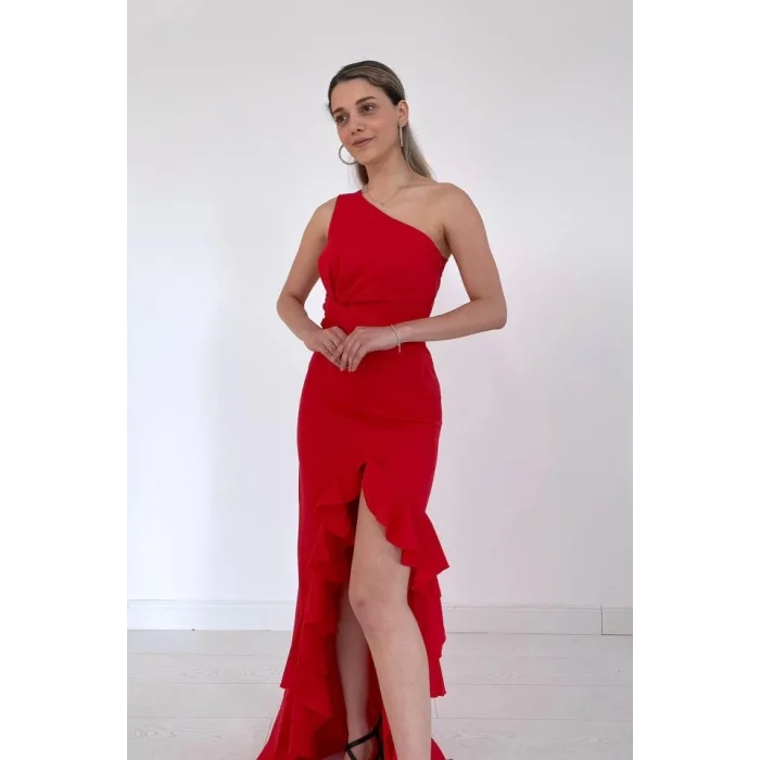 Kırmızı Yırtmaçlı Volanlı Elbise
