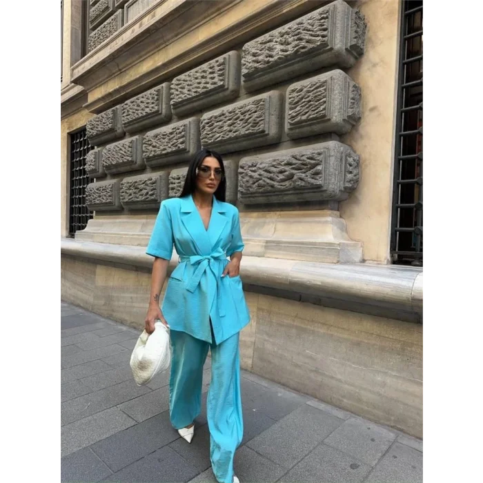 KISA KOL BAĞLAMA DETAYLI CEKET-PANTOLON TAKIM - Mavi