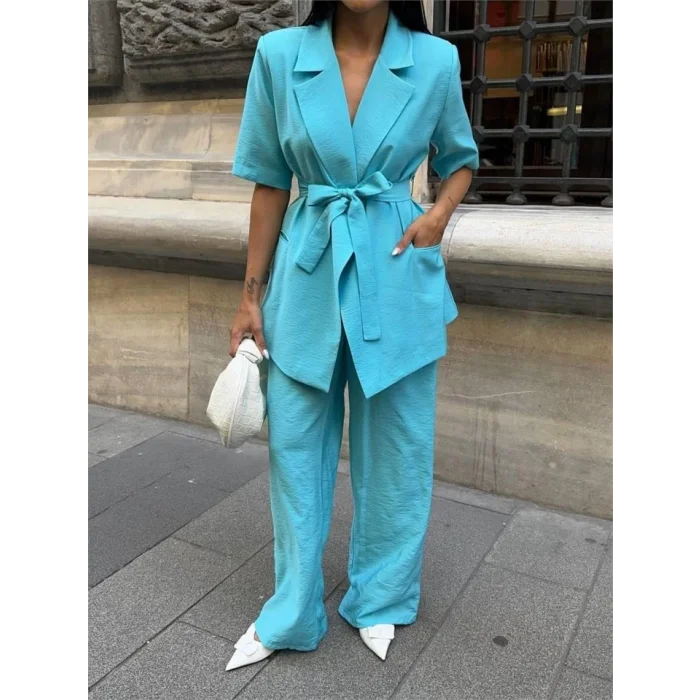 KISA KOL BAĞLAMA DETAYLI CEKET-PANTOLON TAKIM - Mavi