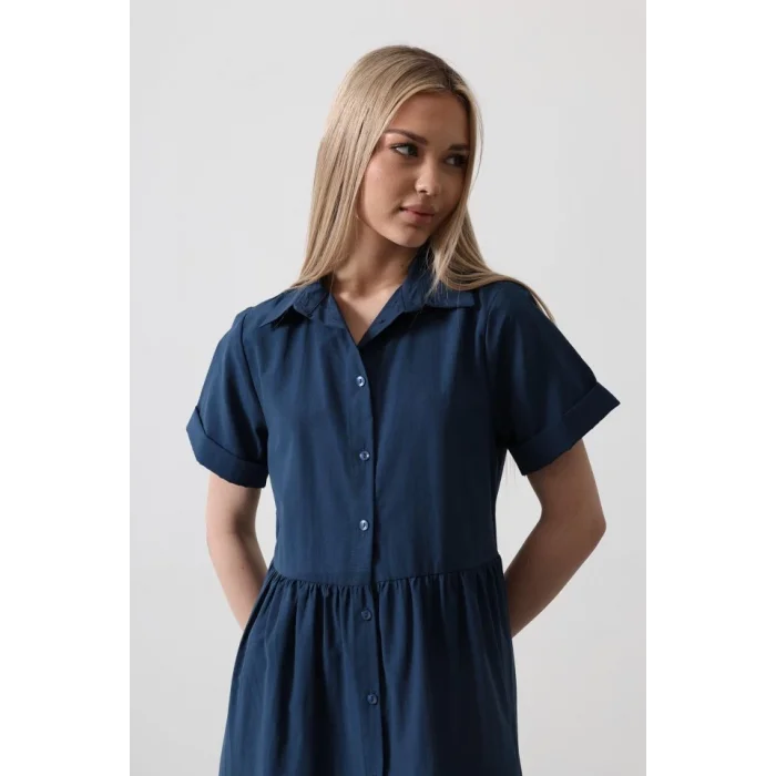 Kısa Kol Düğmeli Elbise - İndigo