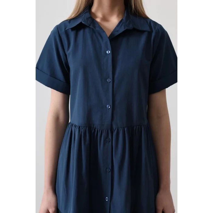 Kısa Kol Düğmeli Elbise - İndigo