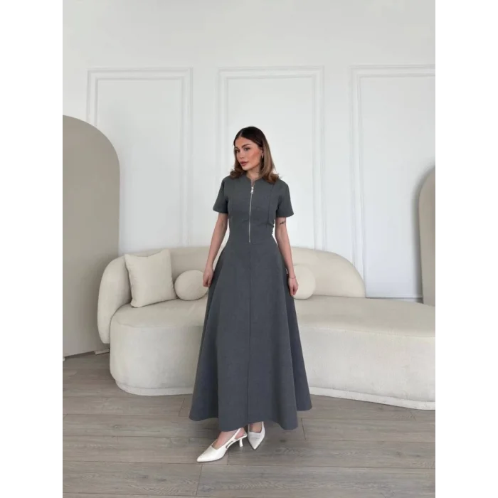 Kısa Kollu Önden Fermuarlı Çan Etekli Uzun Elbise - Antrasit