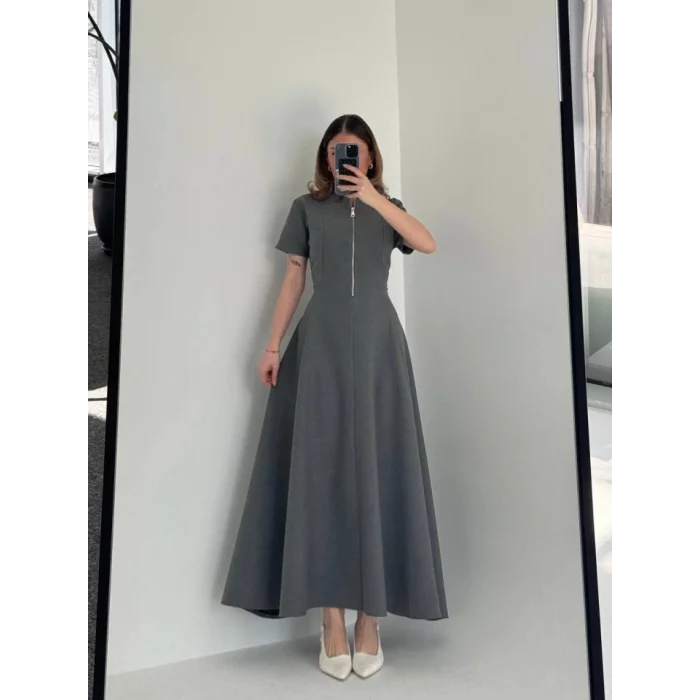 Kısa Kollu Önden Fermuarlı Çan Etekli Uzun Elbise - Antrasit
