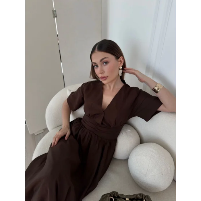 Kısa Kollu Uzun Elbise - Kahve