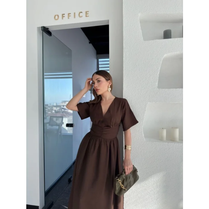 Kısa Kollu Uzun Elbise - Kahve