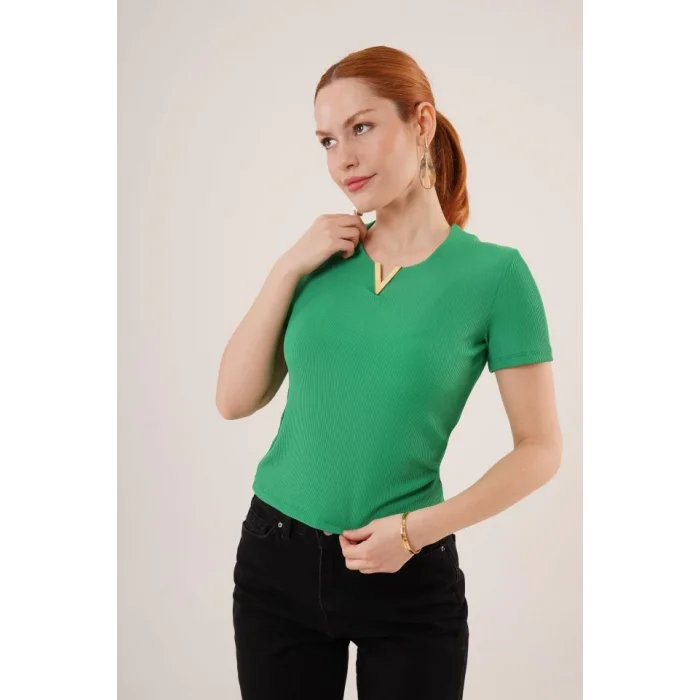 Kısa Kollu Yaka Detaylı Kaşkorse Yeşil Bluz