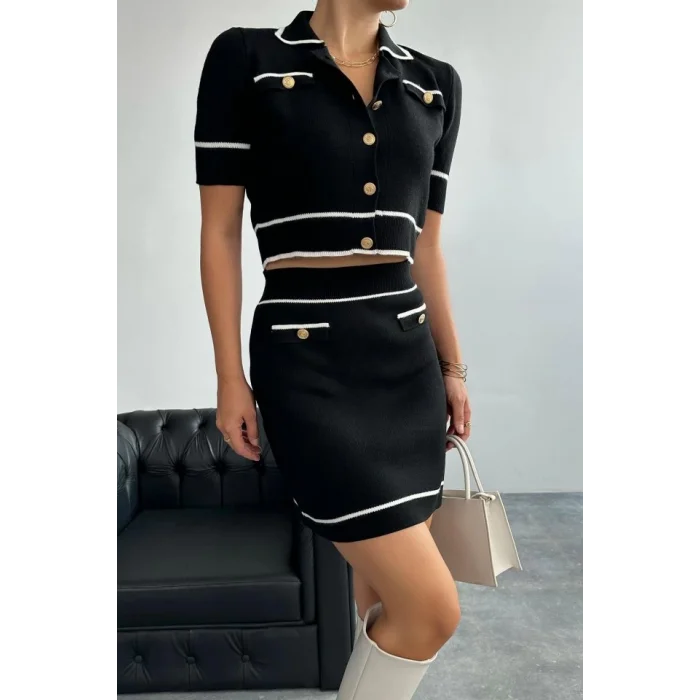 Kısa Triko Etekli Takım - Siyah-Krem