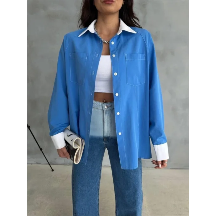 KOL VE MANŞET BEYAZ KAPALI PİLE DETAYLI GÖMLEK - Mavi