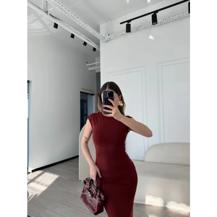 Kolsuz Uzun Likralı Elbise - Bordo