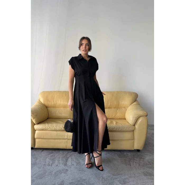 KOLSUZ VATKALI ÖNDEN DÜĞMELİBEL PENS DETAYLI POPLİN ELBİSE - Siyah
