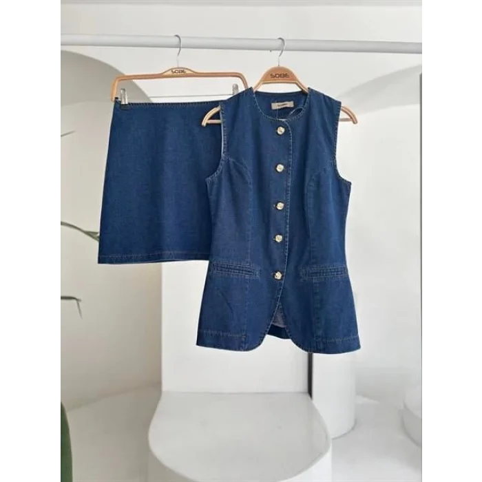 Kolsuz Yelekli Mini Etekli Denim Takım 10164