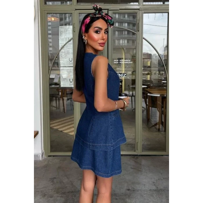 Kolsuz Yelekli Mini Etekli Denim Takım 10164