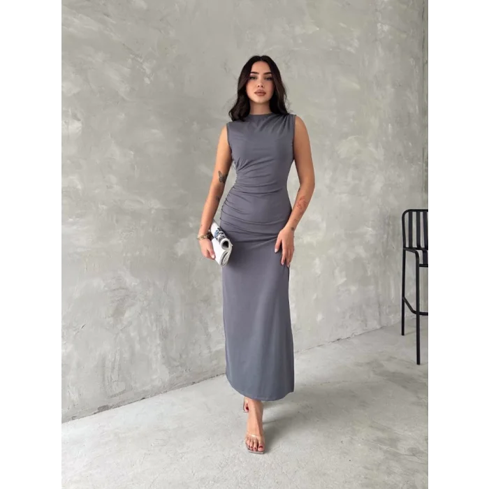 Kolsuz Yırtmaçlı Uzun Maxı Boy Elbise - Gri
