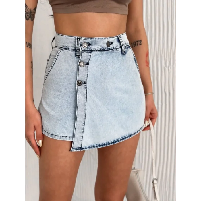 Kot Jeans Kesimetrik Kesim Cepli Şortlu Etek - Gri