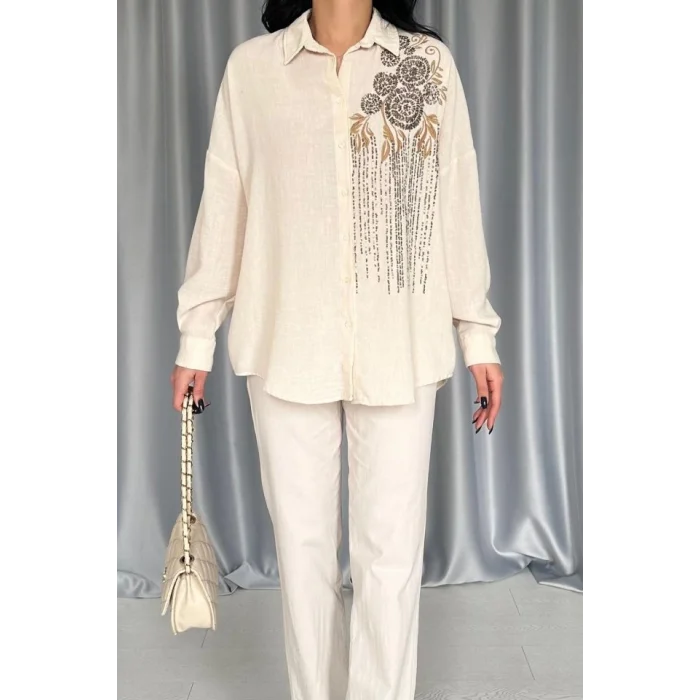 Krem Pulpayet Nakışlı Bedensiz Gömlek