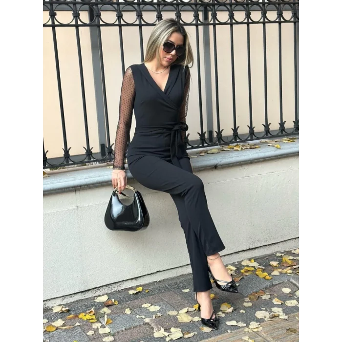 Krep Kumaş Kol Tül Puan Detaylı Kuşaklı Tulum 141 Cm