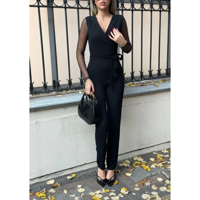 Krep Kumaş Kol Tül Puan Detaylı Kuşaklı Tulum 141 Cm