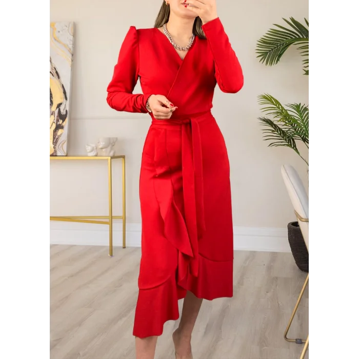 Krep Kumaş Midi Boy Kuşaklı Uzunkol Elbise