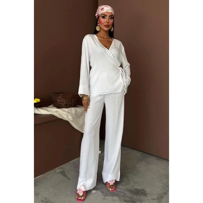 Kruvaze Model Klasik Pantolonlu Çupra Keten Takım 10191