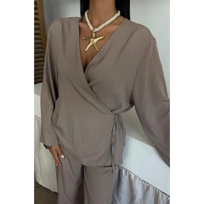 Kruvaze Model Klasik Pantolonlu Çupra Keten Takım 10191