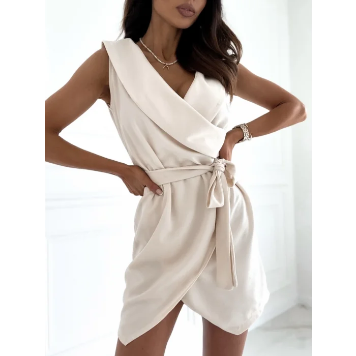 Kruvaze Yaka Kuşaklı Krep Kumaş Elbise