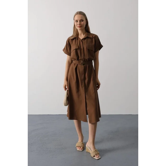 Kuşaklı Cep Detaylı Yarım Kol Elbise - Kahve