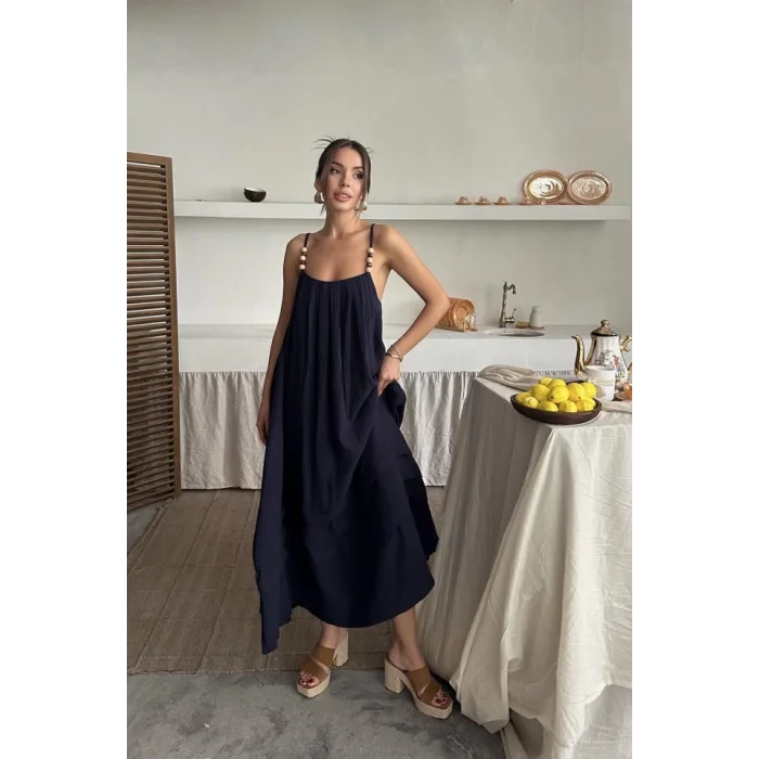 Lacivert Askılı Müslin Elbise