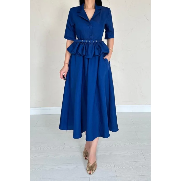 Lacivert İnce Kemerli Fırfırlı Ceket Ve Büzgülü Etek Takım