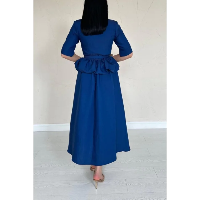 Lacivert İnce Kemerli Fırfırlı Ceket Ve Büzgülü Etek Takım