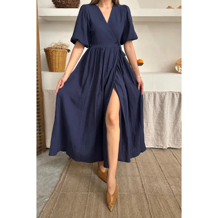 Lacivert Müslin Uzun Elbise