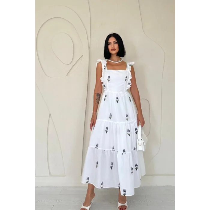 Lacivert Sıfır Kol Fırfırlı Elbise