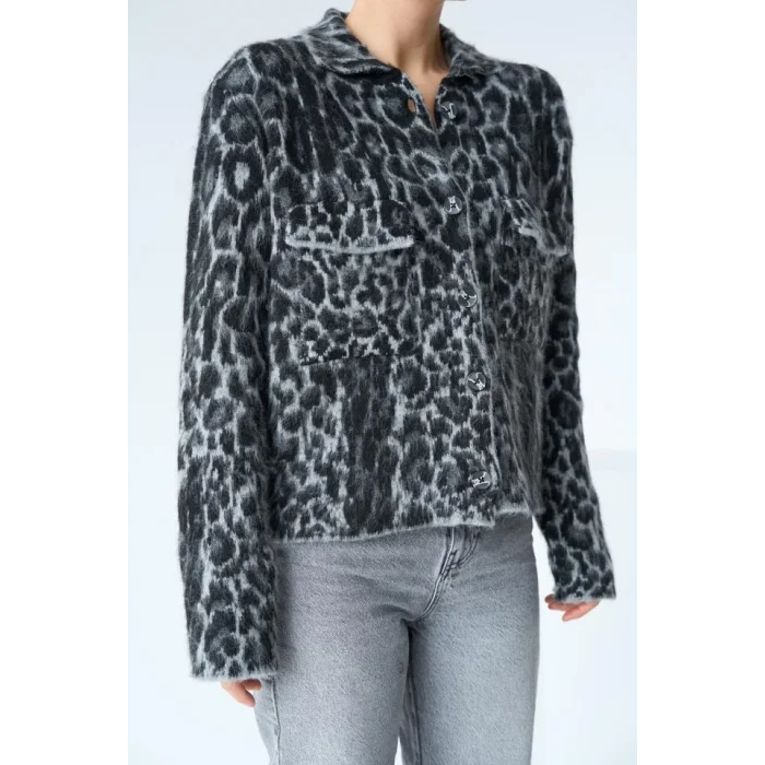 Leopar Desen Jakarlı Hırka - Siyah-Açık Gri