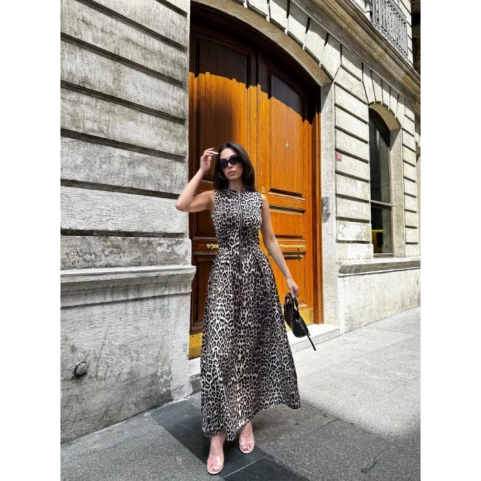 Leopar Desenli Fermuarlı Cepli Pileli Midi Elbise- Leopar