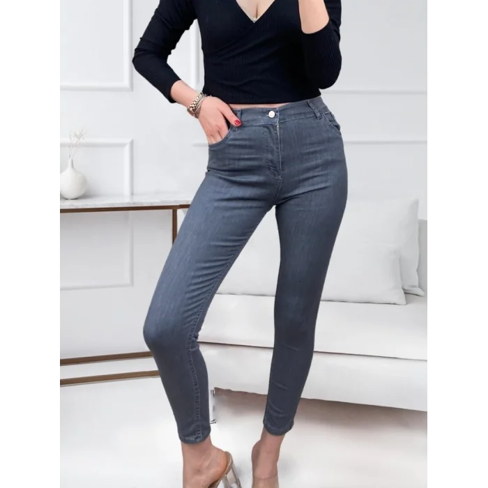 Likralı Yüksek Bel Jean Pantolon