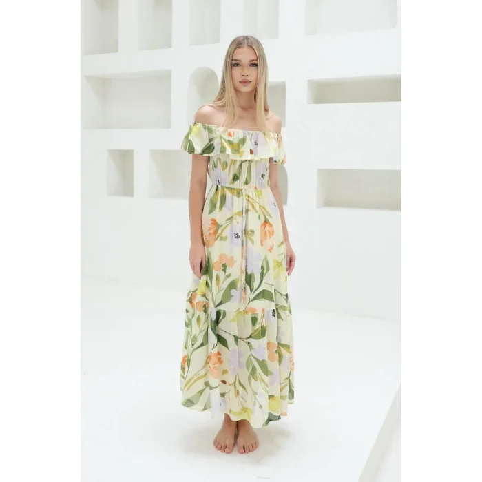 Madonna Yaka Elbise - Yeşil - Ekru