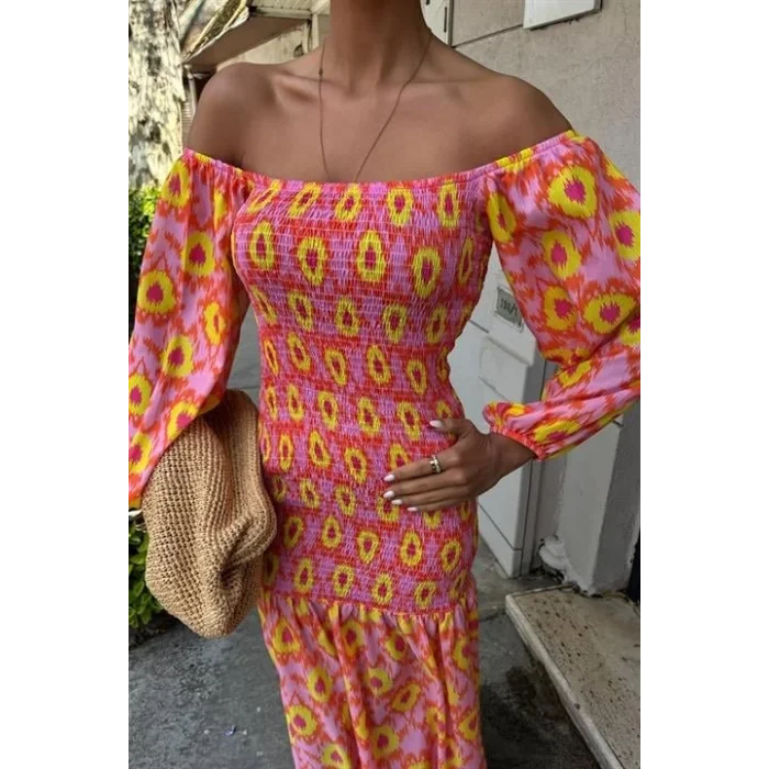 Madonna Yaka Gipe Detaylı Desenli Elbise 2746