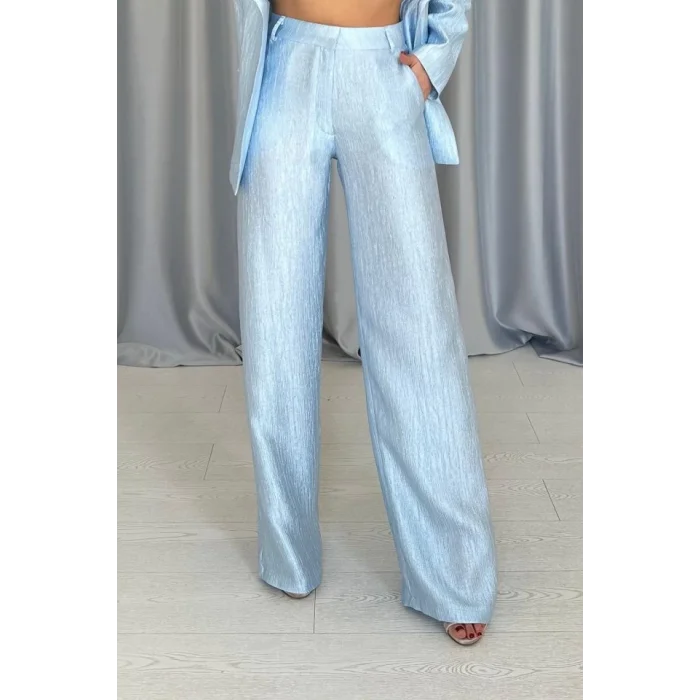 Mavi Beli Kuşaklı Ceket Ve Pantolon Parlak Takım