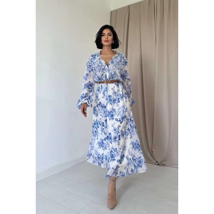 Mavi Biye Detaylı Elbise