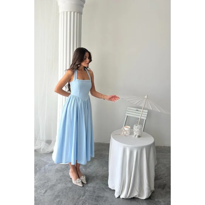 Mavi Boyundan Bağlamalı Keten Elbise