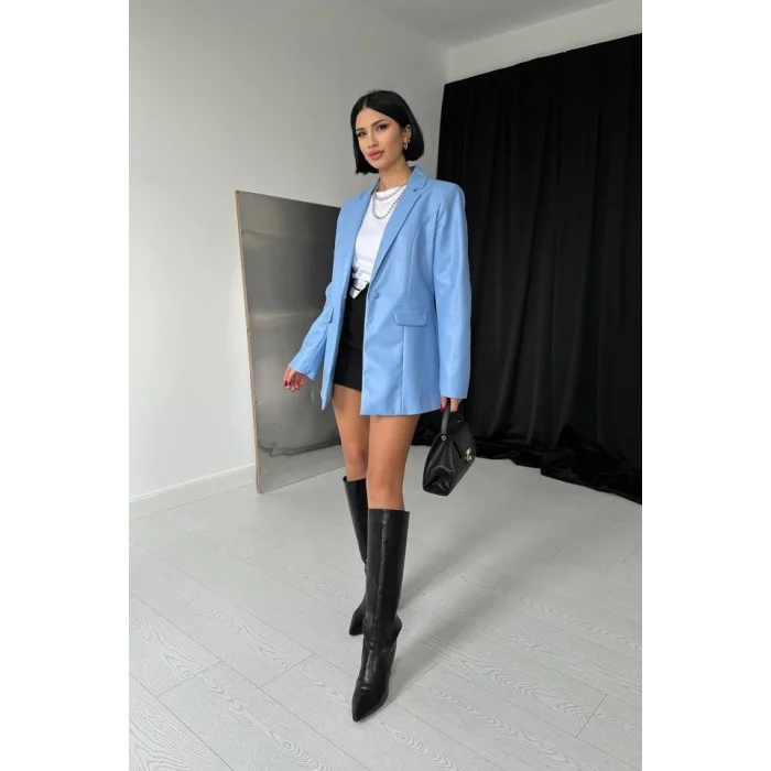 Mavi Düğmeli Deri Ceket