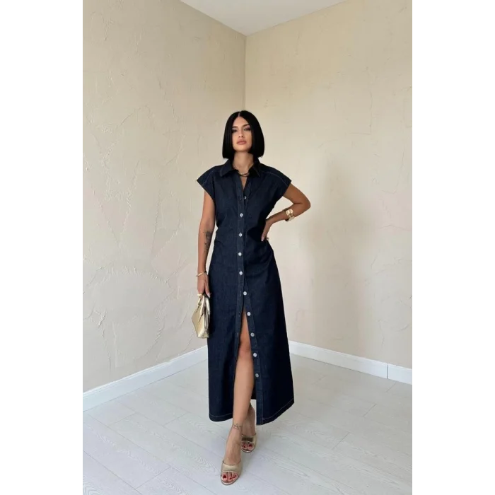 Mavi Kolsuz Vatkalı Elbise