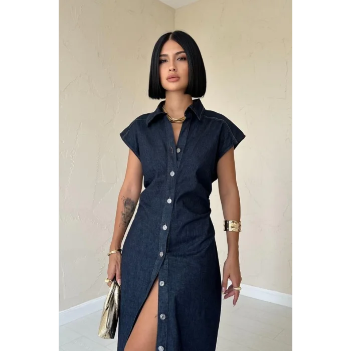 Mavi Kolsuz Vatkalı Elbise