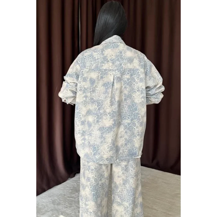 Mavi Leopar Desenli Ceket Ve Pantolon Keten Takım