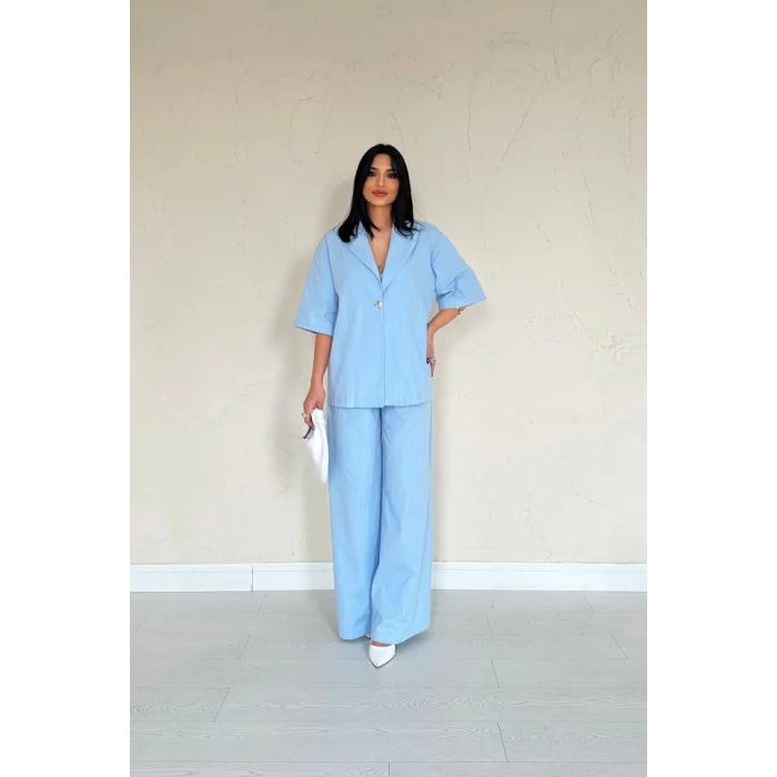 Mavi Önü Tek Düğmeli Ceket Pantolon Takım