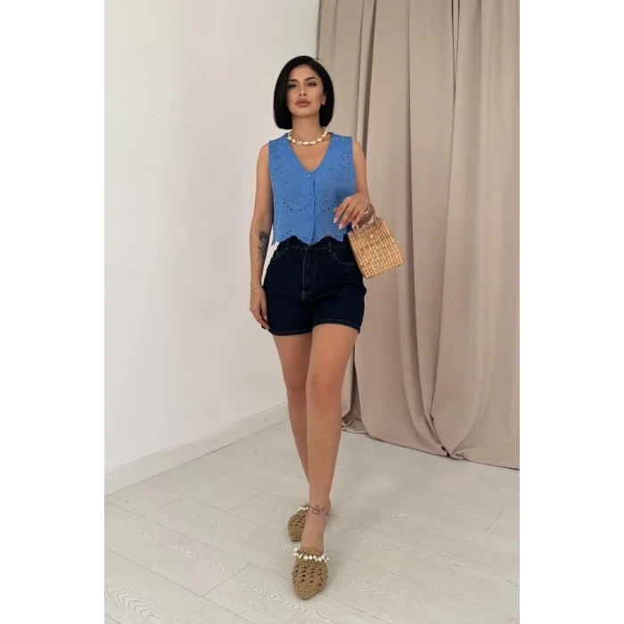 Mavi Sıfır Kol Brode Bluz